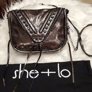 She+lo Studded Black/Silver Glitter Rap Crossbody Bag
